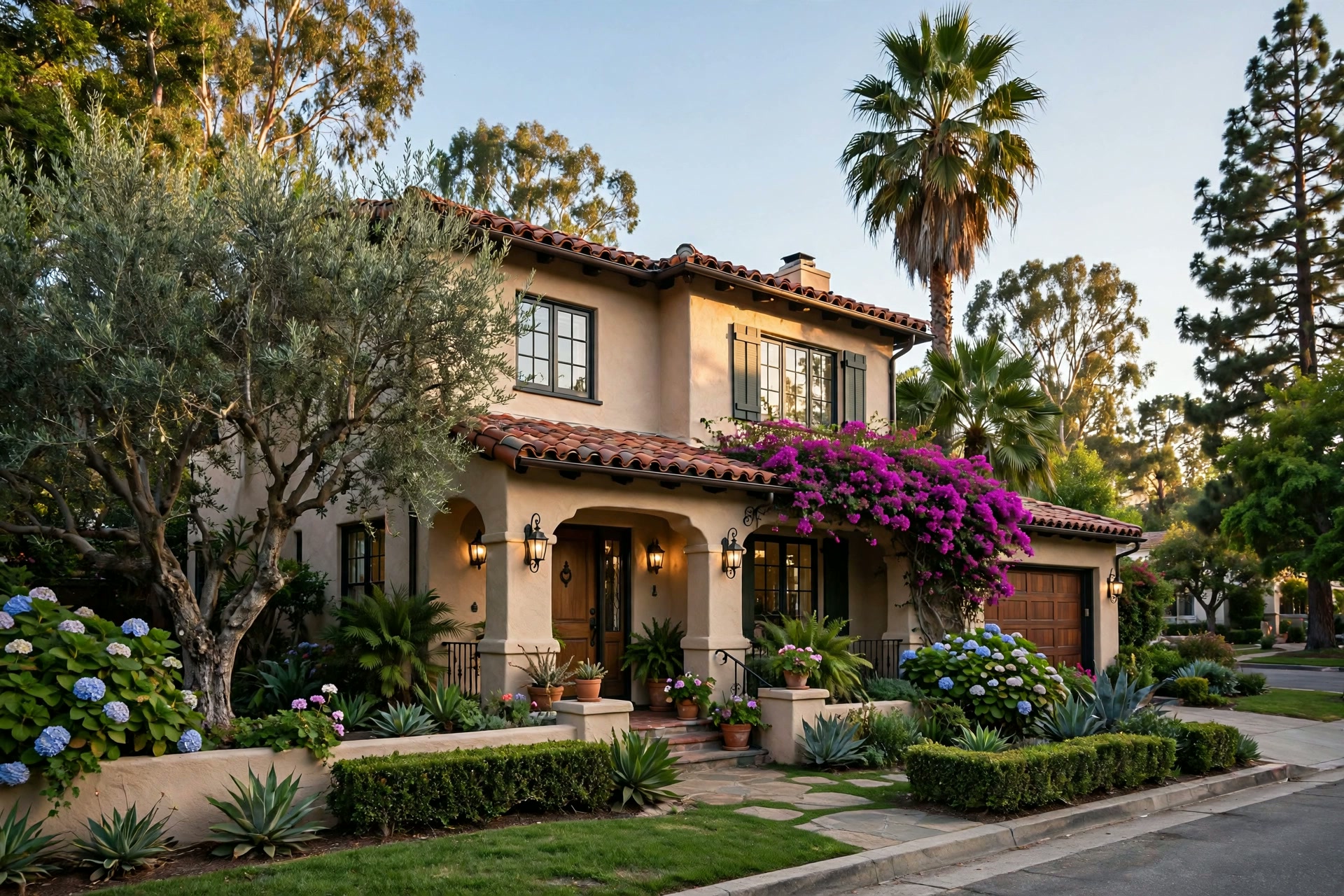 An established Los Angeles home with mature landscaping on a residential street