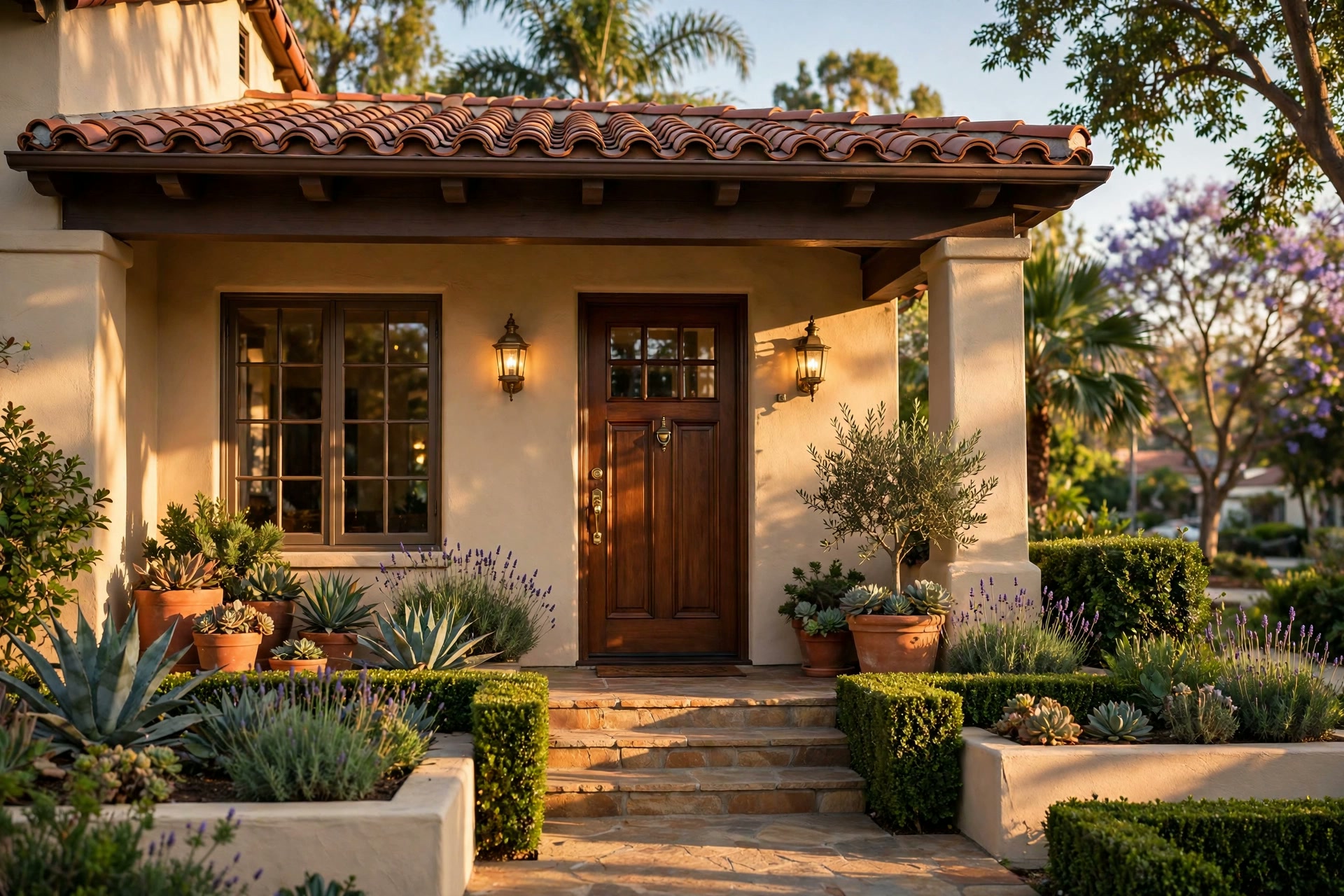 Front entry of an established Los Angeles home in late afternoon light